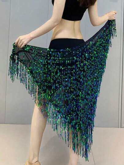 3pcs Exquisite Belly Dance Costume Accessories Long Tassel Triangle Belt Embellished With Sequins, Stylish Hip Scarf Wrap Skirt, And Eye - Catching Waist Chain For Dance Performances