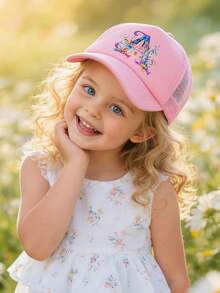 1顶女童粉色花卉城堡装饰字母图案卡车帽，26个字母个性化设计，时尚甜美可爱，透气镂空遮阳棒球帽，适合作为3-8岁女孩的生日/节日礼物，春夏日常、上学、户外活动皆宜。 - 粉色 - 查看 3