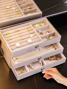 TONVIC 1pc 3-Compartment 5-Layer Velvet Jewelry Storage Box, Necklace Earring Ring Jewelry Organizer, Large Capacity Portable Bathroom Storage Box, Desktop Storage Drawer, Stackable 3-Layer Acrylic Velvet Jewelry Box - Multicolor - View 17