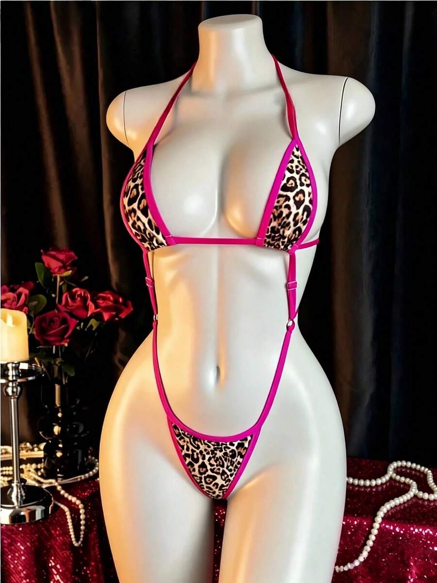 Sexy Leopard Print Lingerie Set, Three-Piece Design, Women's Sexy Lingerie Set, Carnival - Hot Pink - View 1