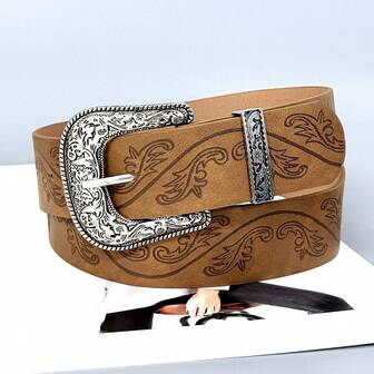 1PC Western Cowboy Retro Printed Carved Buckle Embossed Brown Leather Belt Unisex Versatile Clothing Accessory