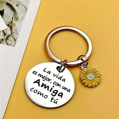 1 pieza Llavero redondo de acero inoxidable de estilo español único, grabado con láser - Duradero, diseño simple, regalo perfecto para el mejor amigo o accesorio para hombres