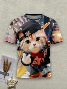 Men'S Casual 3D Print T-Shirt With Cute Cat Design - "LUCKY" Graphic, Short Sleeve, Round Neck, Lightweight & Stretchy, Everyday Tshirt |   Playful Cat Design |   Comfortable Fit, Cat Lover Gifts - 混合色 - 查看 4