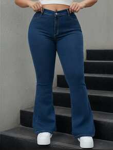 大码女式喇叭牛仔裤，带口袋，适合居家、日常穿着或办公场合，春夏季节皆宜。 - 藍色 - 查看 7