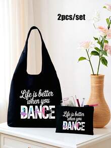 Dance Pattern Printed Travel Tote Bag And Makeup Bag Set, Large Capacity Tote Bag, Personalized Gift Bag, Travel Storage Bag, Fashionable Handbag, Portable Shoulder Bag, Lightweight Shopping Bag With Leisure Cosmetic Bag, Beach Bag, Simple Coin Purse, Toiletry Bag, Travel Essentials, Perfect Gift For Dancer, For Daily Use, Dating, Vacation, Commutin, Christmas, New Year, Valentine'S Day Gift