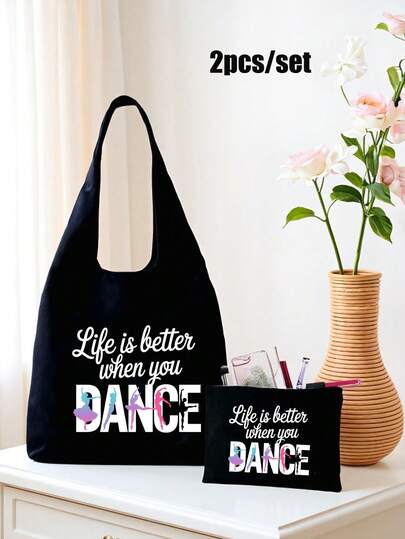 Dance Pattern Printed Travel Tote Bag And Makeup Bag Set, Large Capacity Tote Bag, Personalized Gift Bag, Travel Storage Bag, Fashionable Handbag, Portable Shoulder Bag, Lightweight Shopping Bag With Leisure Cosmetic Bag, Beach Bag, Simple Coin Purse, Toiletry Bag, Travel Essentials, Perfect Gift For Dancer, For Daily Use, Dating, Vacation, Commutin, Christmas, New Year, Valentine'S Day Gift