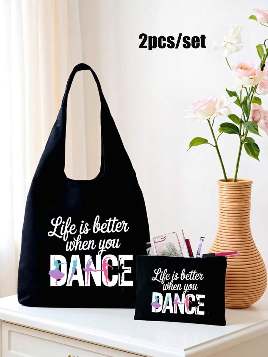 Dance Pattern Printed Travel Tote Bag And Makeup Bag Set, Large Capacity Tote Bag, Personalized Gift Bag, Travel Storage Bag, Fashionable Handbag, Portable Shoulder Bag, Lightweight Shopping Bag With Leisure Cosmetic Bag, Beach Bag, Simple Coin Purse, Toiletry Bag, Travel Essentials, Perfect Gift For Dancer, For Daily Use, Dating, Vacation, Commutin, Christmas, New Year, Valentine'S Day Gift