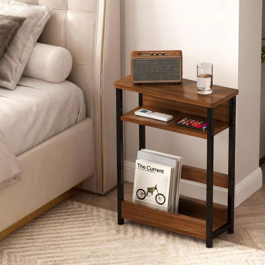 Techigher Narrow Side Table, 3-Tier End Table With Storage Shelf, Thin Sofa Side Table For Narrow And Small Spaces, Bedside Table Nightstand For Living Room - Walnut - View 1