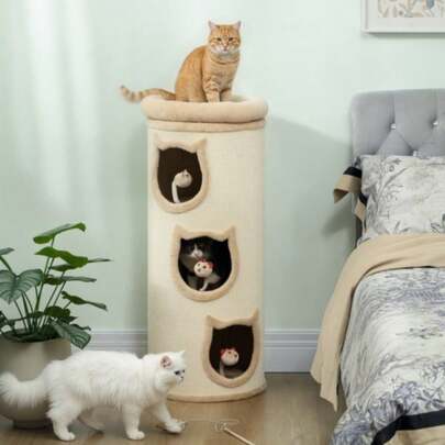 96cm Cat Scratching Post, 4-Level Tower With Washable Bed, 3 Sleeping Caves And Hanging Toys, For Multiple Cats, Grey