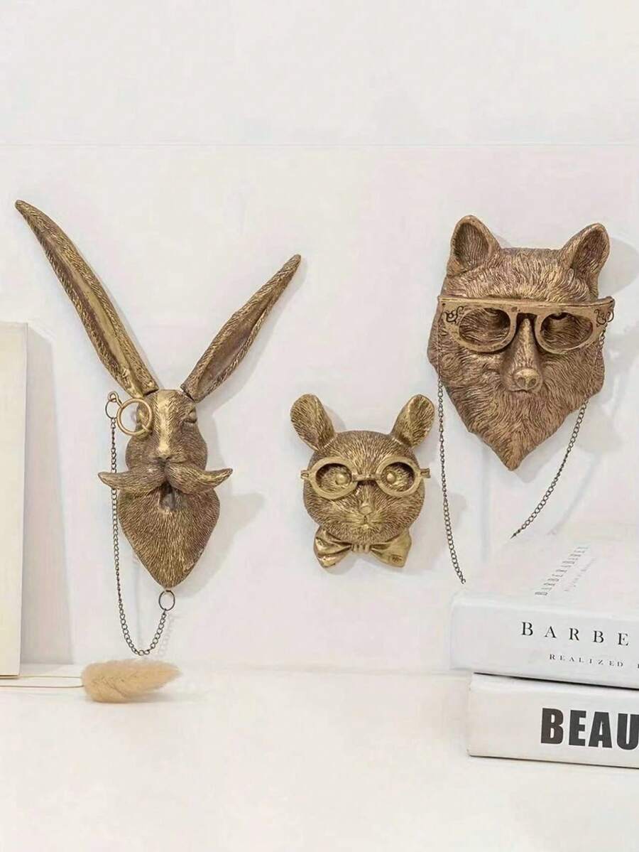 Duża/Mała (głowa niedźwiedzia, głowa królika, głowa jelenia, głowa myszy, głowa lisa) Dekoracyjna zawieszka ścienna, wystrój domu, brązowa rzeźba zwierzęcia z żywicy, ozdoba ścienna - Ozdoby - Zobacz 1