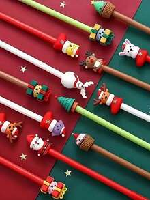 10/100pcs - Christmas Theme Neutral Pens, Novelty Christmas Ball Pens, Black Ink, Christmas Character Cartoon Shapes, Suitable For Classroom Rewards, Office Supplies, Christmas Stocking Stuffers, Christmas Gift Box Fillers, Assorted Styles, Not Limited To The Styles Shown In The Image. - Multicolor - View 4
