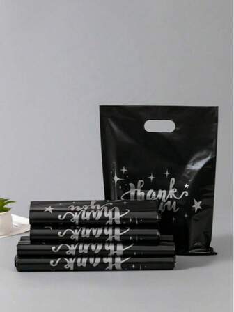 50 bolsas de regalo negras con la leyenda "Gracias", bolsas de plástico para pequeños negocios, bolsas de compras, ideales para festivales, cumpleaños, recuerdos de fiestas, embalaje de regalos de boda, adecuadas para regalos, fiestas, tiendas, boutiques, etc.