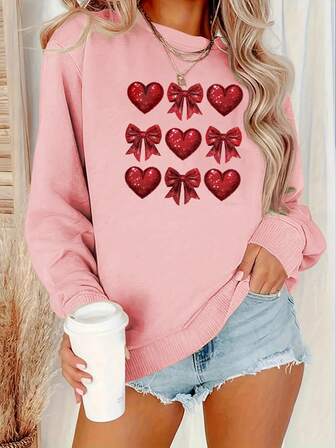 Plusstorlekar för kvinnor Dejtinghjärtan, rosetter, glittertextur, rutmönster Rund hals Långärmad Minimalistisk vår/sommar/höst Plusstorlekar T-shirt med grafisk design Alla hjärtans dag/Tillbaka till skolan-topparna för kvinnor