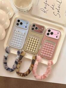 可爱格子爱心卡包仿皮手机壳，兼容 17 Pro Max/17 Pro/17/16/15/14 Pro Max，带毛绒腕带，哑光保护套 - 藍色 - 查看 5