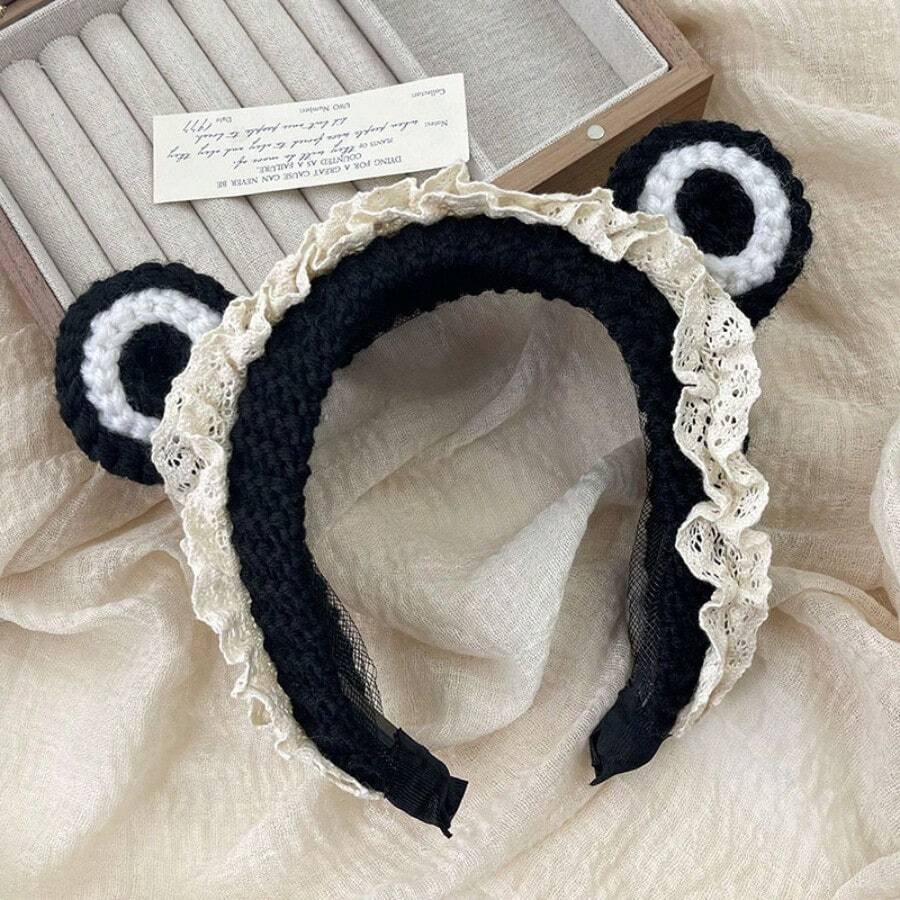 Cartoon Fashion Big Eyes Frog Headband Women Wash Face Cute Wool Knitted Headband Hairpin Non-Slip Pressure Hair Headdress - 5_黑色-蕾絲款 - 查看 1