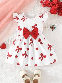 2pcs/Set Toddler Crew Neck Cap Sleeve Butterfly Print & Solid Ribbed Minimalist Cute Outfits, Spring/Summer - Red - View 5