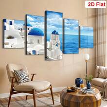 2D Flat, 5pcs Santorini & Blue Ocean Seagull Framed Canvas Art Set, White & Blue Aegean Sea Canvas Prints Wall Art, Modern Coastal Style Wall Decor, Suitable For Living Room, Bedroom, Office, Framed Landscape Painting, Ideal Holiday Gift, Coastal Home Decor - Multicolor - View 4