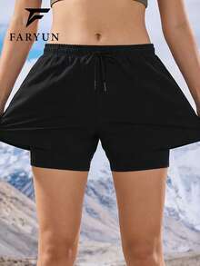 女士户外二合一短裤，纯色简约休闲抽绳设计，适合户外露营、跑步 - 黑色 - 查看 4