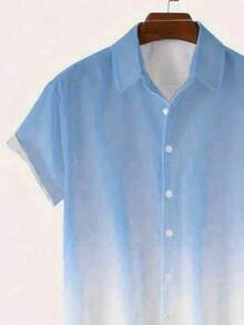 Men's Ombre Short Sleeve Button Down Collar Shirt, Suitable For Summer Vacation, Hawaiian Style - Baby Blue - View 3