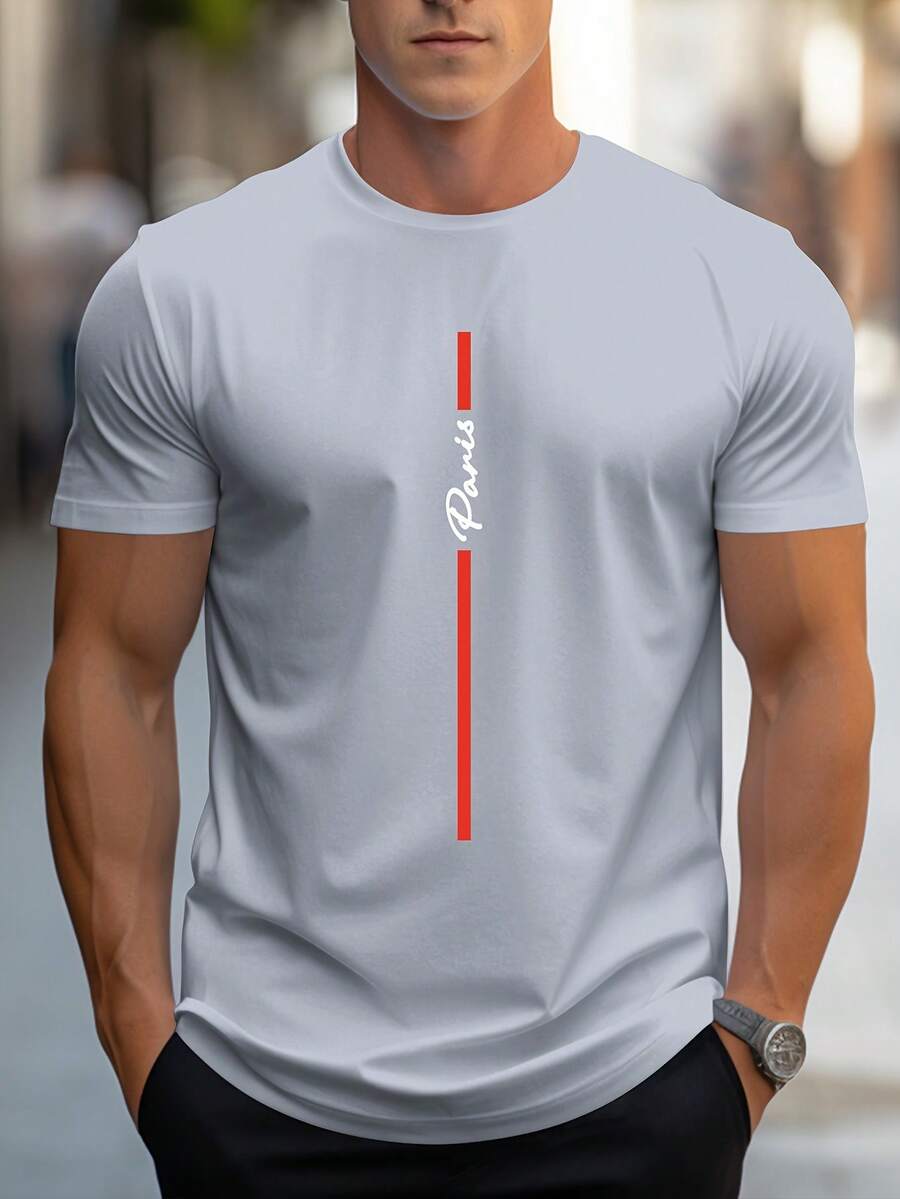 Men's T-Shirt With Handwritten Paris Print - Grey - View 1