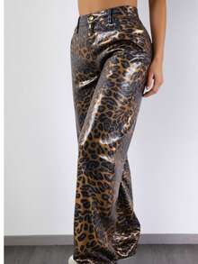 Jeans recto efecto vinil animal print leopardo de alto impacto con acabado brillante, pretina clásica y estilo audaz para outfits modernos y fashionistas - Dorado GMY5955ST - Ver 3