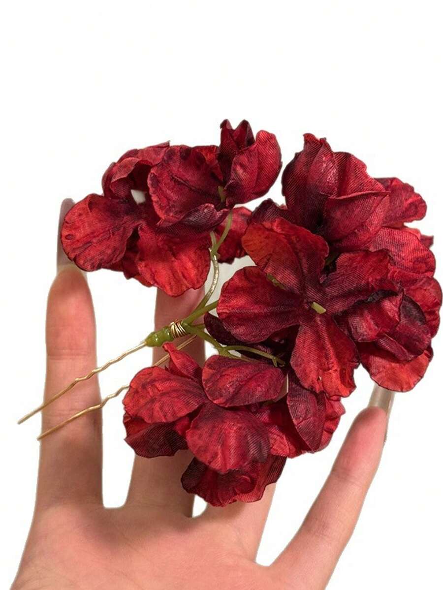 1pc Retro Handmade Wine Red Faux Flower Chinese Style Bridal Hair Accessory, Robe Hairpin, Cheongsam Atmosphere Red Flower Hair Clip, Hanfu Hair Decoration, Engagement Bridal Headpiece, Bun Extension, Hair Styling Pins For Valentine's Day Valentine's Day Accessories Gift, Hair Accessories For Women,Summer,Holiday,Travel