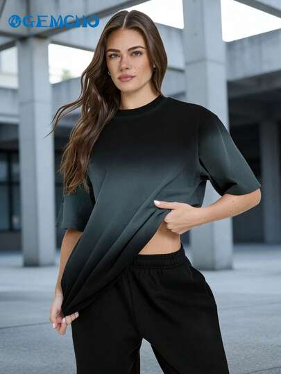 GEMCHO Women's Casual Ombre Print Short Sleeve T-Shirt - Breathable Sports Outdoor Top, Suitable For Spring/Summer