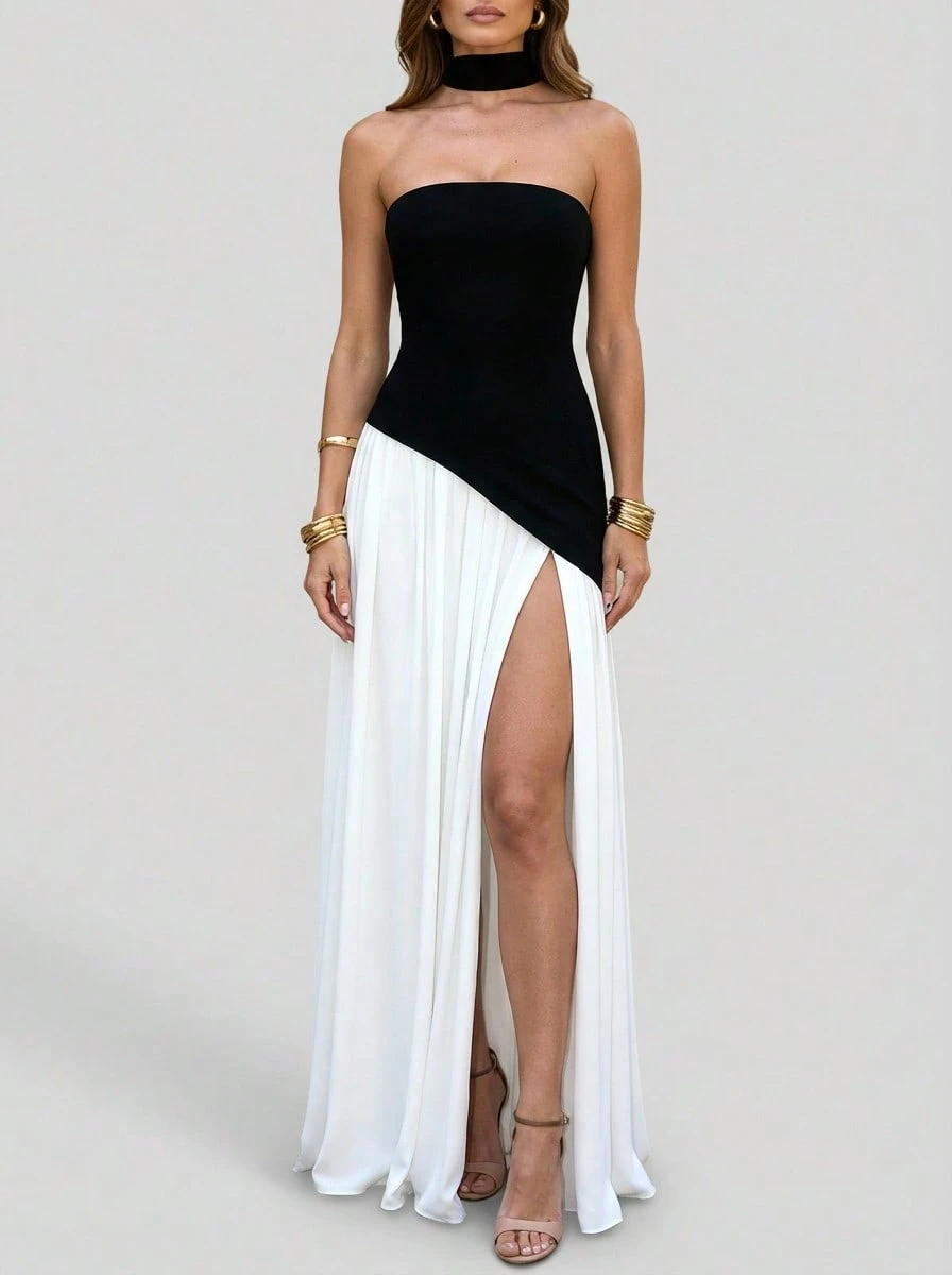 Sedessea 女士高开衩雪纺飘逸下摆婚礼派对沙滩度假性感连衣裙，优雅 - 彩色 - 查看 1