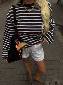 New Stylish Elegant Ribbed Round Neck Long Sleeve Striped Knit Top - Brown - View 1