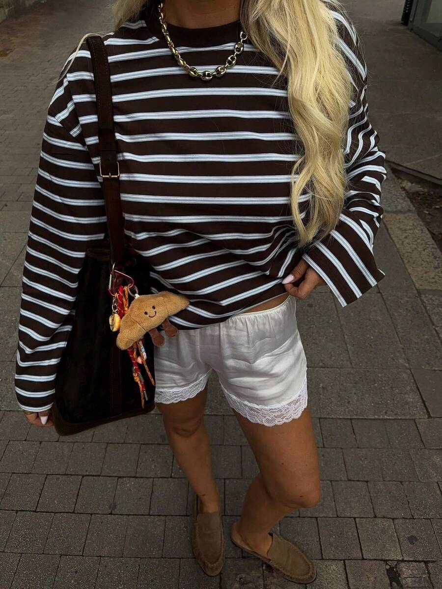 New Stylish Elegant Ribbed Round Neck Long Sleeve Striped Knit Top - Brown - View 1