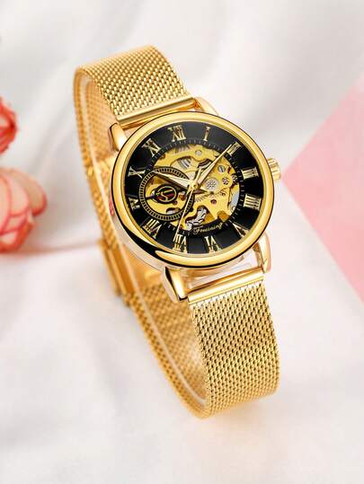 FORSINING 1 pieza Reloj de mujer de lujo de marca superior con esfera de números romanos, manecillas luminosas, correa de malla de acero inoxidable, diseño esqueleto, elegante para negocios, regalo de Navidad, Año Nuevo, cumpleaños