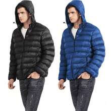 Lightweight Men's Puffer Jacket – Hooded Cotton-Padded Zipper Coat For Winter Cold Weather, Comfortable Travel Outerwear & Christmas Gift Option - 黑色+牛仔布 - 查看 15