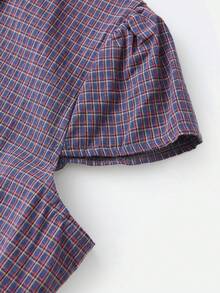 Camisa informal de verano a cuadros para mujer, color rojo, manga corta, cuello vuelto, botones y parte superior - Azul - Ver 7