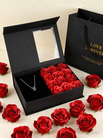 1 set - Caja de anillo de rosa, caja de regalo de joyería, caja para collares y pulseras de rosa eterna, para San Valentín, Navidad, Acción de Gracias, cumpleaños, romántico para mujeres, mamá, esposa, novia (la joyería NO está incluida)