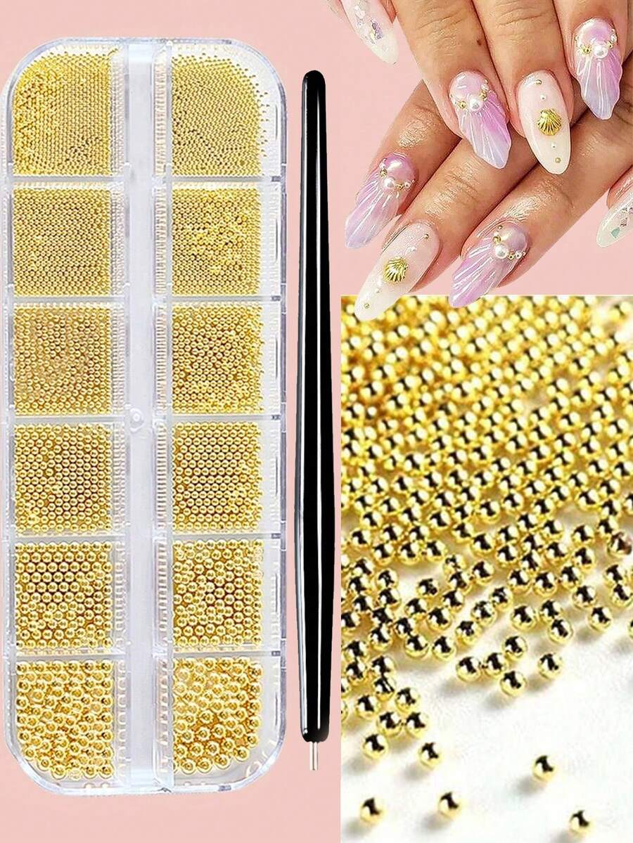 12颗/盒金色不锈钢金属珠美甲装饰，3D迷你1毫米鱼子酱球银色吊坠仿珍珠美甲用品，美甲饰品 - 彩色 - 查看 1