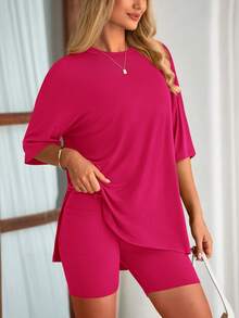 PRETTYGARDEN Women's Summer Clothes 2 Piece Sets Lounge Set Casual Oversized Shirts Biker Shorts Matching Airport Travel Sweatsuit Set Women Vacation Outfit Rose Red Summer Brunch Outfits For Women - 玫紅色 - 查看 3