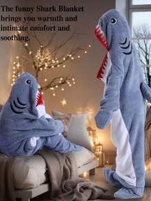 1pc Shark Hooded Blanket, Soft Flannel Shark Sleeping Bag Blanket, New Cartoon Animal Cute Fun Sleepwear, Adult Size, Animal Pajamas, Christmas Party Pajamas, Wearable Shark Blanket Hoodie, Ultra Soft & Comfortable Shark Costume - Multicolor - View 9