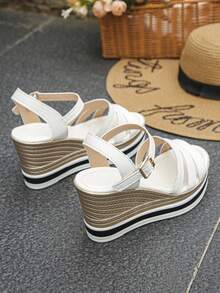 Große Größen 35-42 Sommer Neue Mode Dicke Sohle Hoch Plateau Keilsandalen, Alltag Outfit, Party, Hochzeit, Weiße Offene Zehe Dicke Sohle Keilsandalen für Frauen - Weißes PU - Übersicht 7
