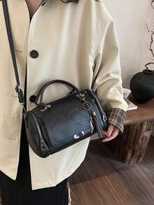 Tassel Decor Handbag, Women's Large Capacity Shoulder Bag, Fashion Zipper Crossbody Bag With Removab - 黑色 - 查看 3