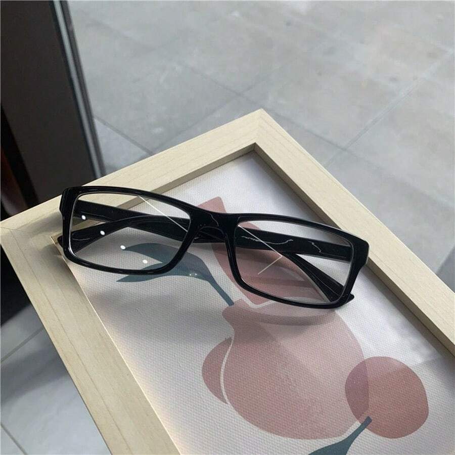 1副女士简约方形矩形塑料镜框素面眼镜 - 黑色 - 查看 1