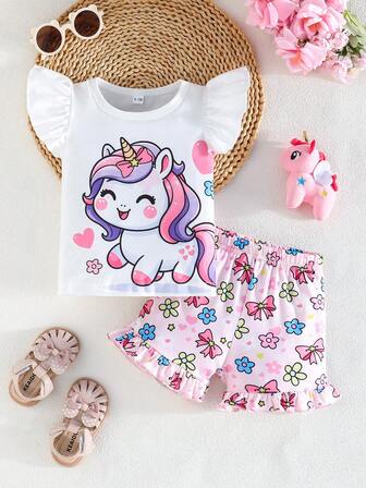 Baby Mädchen Sommer Kurzarm Rüschen Ärmel Einhorn & Schleife Muster Rundhals T-Shirt und Rüschen Saum Shorts Set