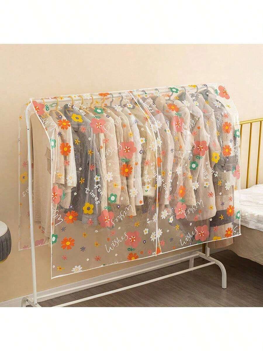 大容量防水衣物防尘罩 - 透明PEVA材质，透气防潮，90/130厘米，保护衣物免受灰尘、宠物毛发和褪色侵害，适用于外套、连衣裙和夹克，衣柜收纳好帮手 | 花卉图案 | 透明可视收纳，防水面料 - 彩色 - 查看 1