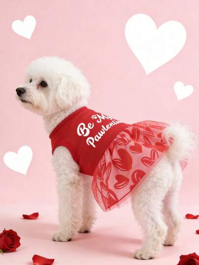 1pc Pet Dress, Universal Valentine's Day Red Floral Elastic Mesh Princess Dress For Dogs & Cats, Cute Pet Clothing For Wedding Photography, Christmas, Valentine's Day