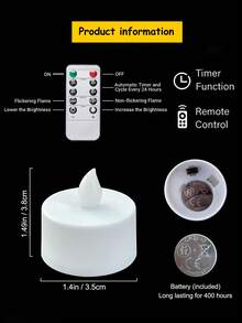 6/12/24pcs LED Electronic Tea Lights With Remote Control/Timer, Battery Powered Flameless Candles, Tea Candles For Wedding, Romantic, Birthday, Party, Halloween, Christmas, Valentine's Day Decor - White + Remote Control - View 12