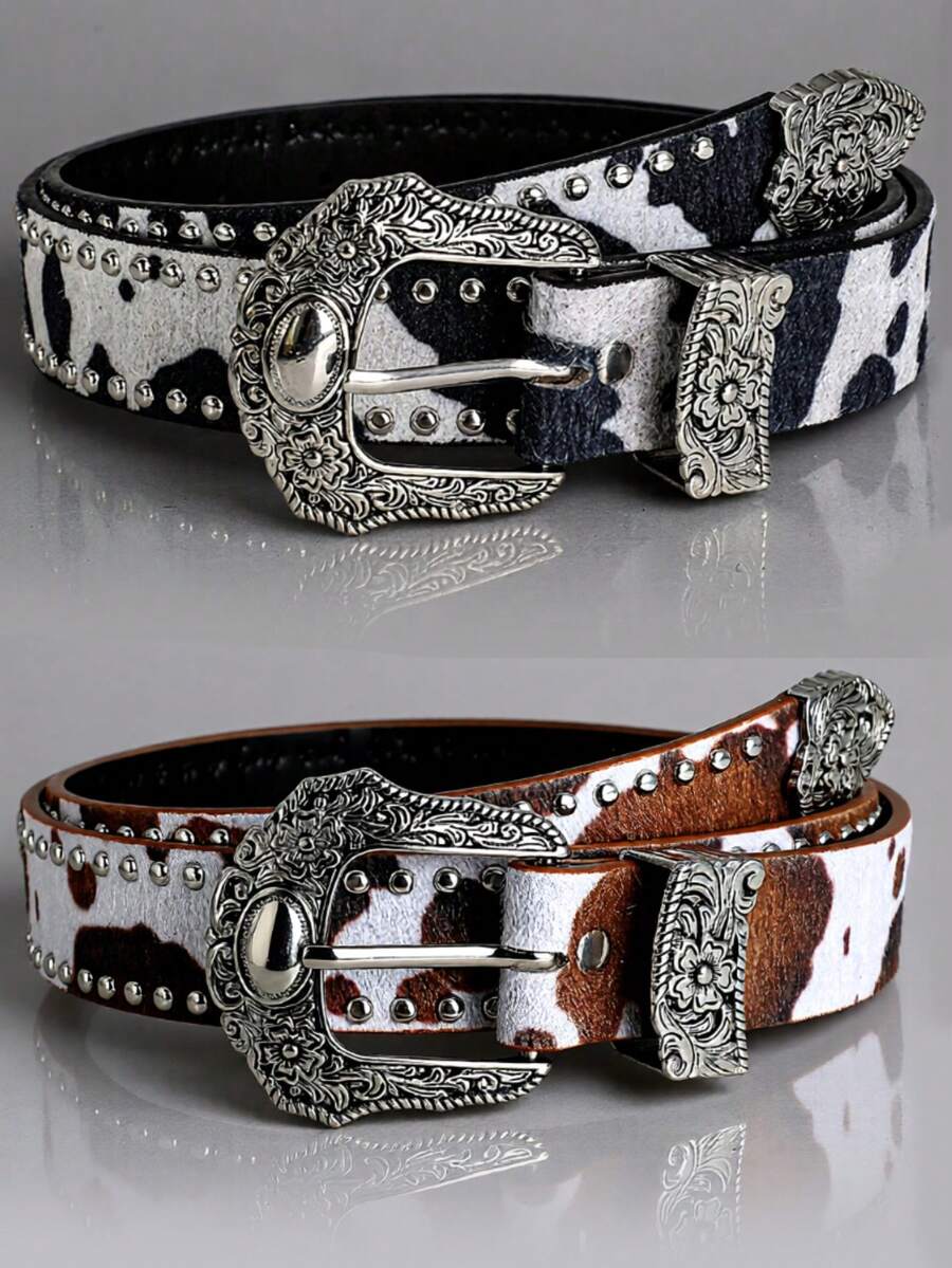 1条奶牛纹铆钉西部风格皮带，男女通用，复古休闲百搭，适合年轻人，Y2K风格，可搭配牛仔裤，适合日常穿着、派对、节日和送礼。 - A - 查看 1