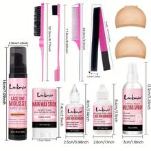 11件/8件套假发安装套装，包含：蕾丝染色摩丝、造型喷雾、蕾丝前假发胶水、发蜡棒、胶水去除剂、松紧带、造型梳、边缘刷、假发染色工具（适用于假发和接发）