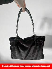 1 Pc Luxurious Large Capacity Plush Tote Bag Soft Faux Fur, Fashion Chain Shoulder Strap Shoulder Bag, Spacious Interior, Fluffy Handbag For Women, Stylish Accessory - Zipper Closure, Solid Color Pattern For Lady /Girl Perfect For School, Travel, And Daily Use , Office Bag - Black - View 7