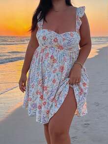 Plus Size Women Summer Fashion Casual Vacation Beach Floral Print Dress, Graduation Dress White Elegant - White - View 4