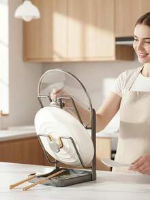 U-Shaped Slot Kitchen Pot Lid Organizer Rack, Multi-Function Stainless Steel Countertop Pot Lid Holder With Removable Drip Tray, Holds Pot Lids, Utensils And Small Items - Multicolor - View 10