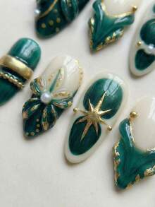 Biến đổi bộ móng của bạn – Bộ 10 móng giả thủ công Y2K Thu/Đông dáng hạnh nhân, màu xanh ombre chấm bi, đầu móng kiểu Pháp với họa tiết hoa vẽ tay và giọt nước mạ bạc 3D dập nổi, điểm nhấn dây chuyền, ngọc trai và hạt bạc 3D, bộ móng có thể tháo rời và tái sử dụng (bao gồm keo dán móng và dũa móng) – Móng trắng sáng phong cách Gothic thanh lịch dễ thương cho Giáng sinh. Phụ kiện làm móng - màu xanh lá - Xem 4